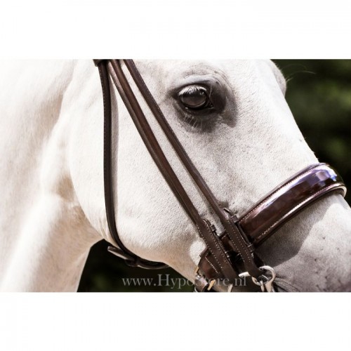 Premiera ''Rome'' Brown rolled double bridle with 4.5 cm patent leather noseband, silver buckles