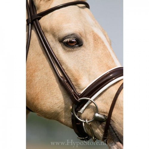Premiera ''Monaco'' Brown bridle with white padded patent leather noseband, gold buckles