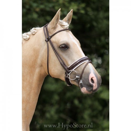 Premiera ''Monaco'' Brown bridle with white padded patent leather noseband, silver buckles