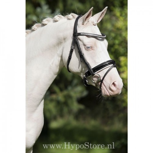 Premiera "Milano" Black bridle with anatomically shaped headpiece and white padded patent leather noseband